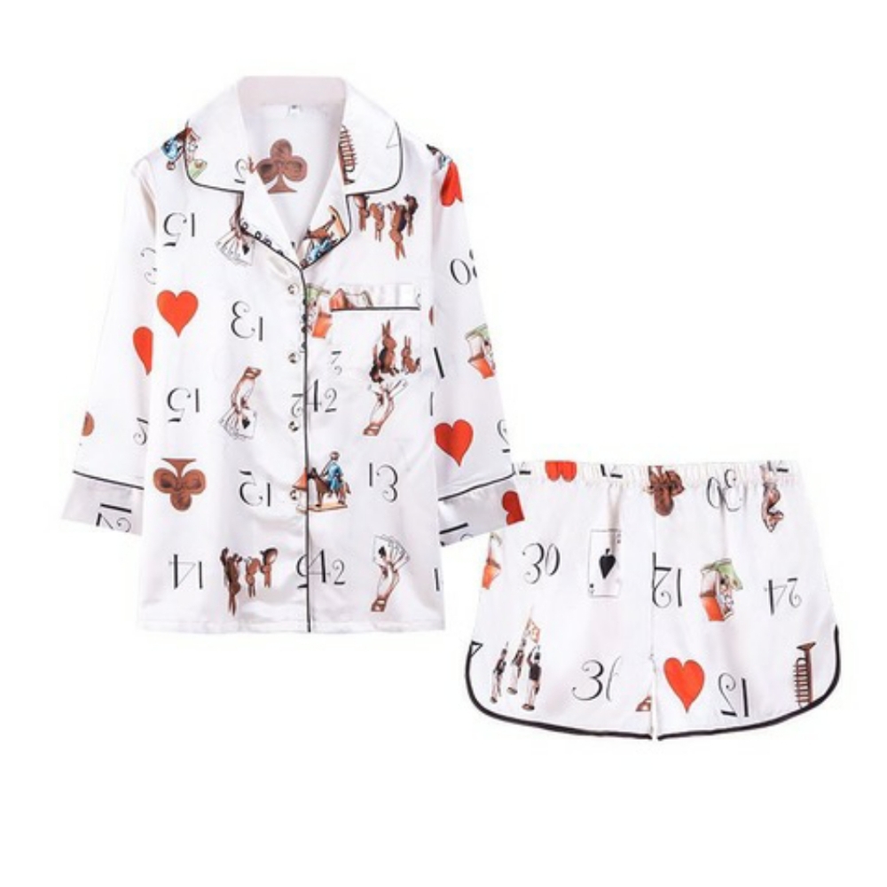 White Card Game Print Women's Pajama Set - Short Sleeve Top & Shorts